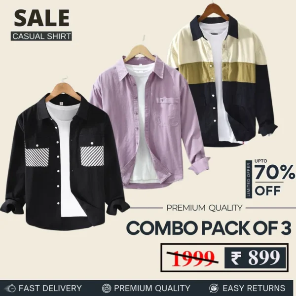 Combo Pack 3 Sets of Men's Casual Cotton Shirt