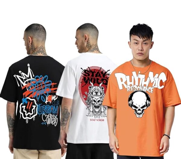 Combo Pack Of 3 -100% Pure Cotton Oversized Baggy Fit Half Sleeve Printed Round Neck Multicolor Drop Shoulder T-Shirt for Men & Boys