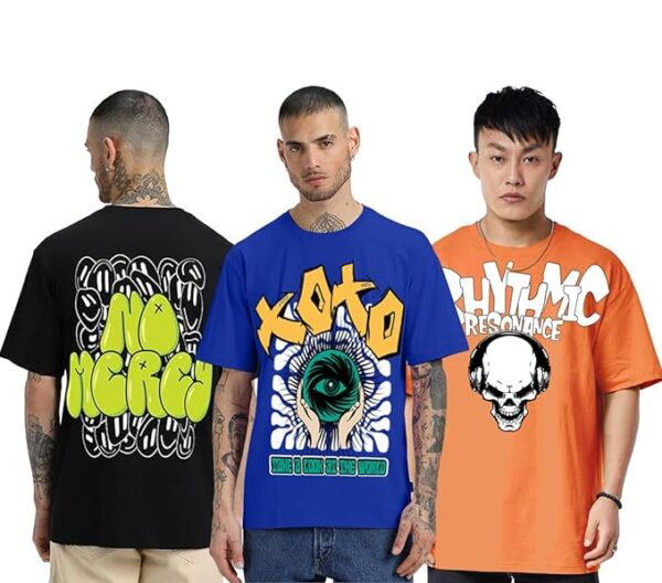 Combo Pack Of 3 -100% Pure Cotton Oversized Baggy Fit Half Sleeve Printed Round Neck Multicolor Drop Shoulder T-Shirt for Men & Boys