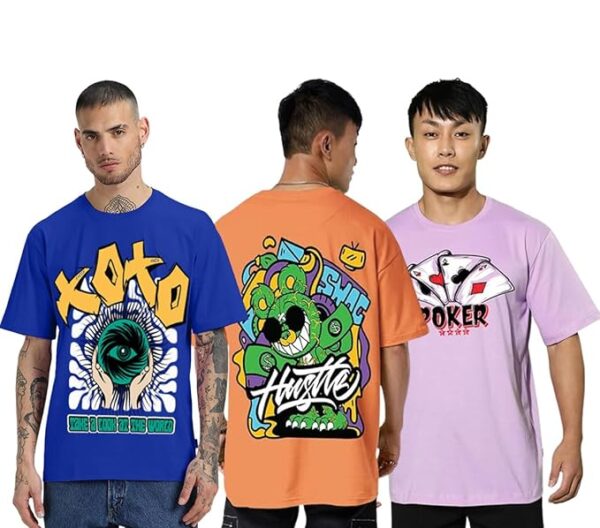 Combo Pack Of 3 -100% Pure Cotton Oversized Baggy Fit Half Sleeve Printed Round Neck Multicolor Drop Shoulder T-Shirt for Men & Boys