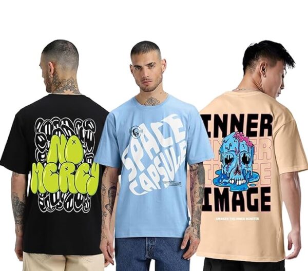Combo Pack Of 3 -100% Pure Cotton Oversized Baggy Fit Half Sleeve Printed Round Neck Multicolor Drop Shoulder T-Shirt for Men & Boys