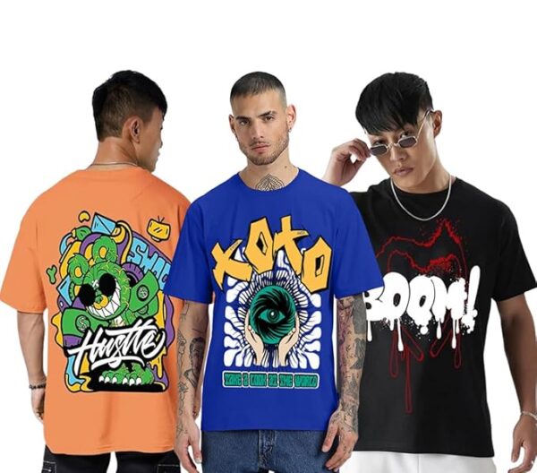 Combo Pack Of 3 -100% Pure Cotton Oversized Baggy Fit Half Sleeve Printed Round Neck Multicolor Drop Shoulder T-Shirt for Men & Boys