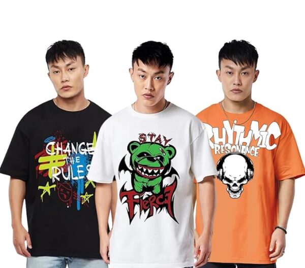 Combo Pack Of 3 -100% Pure Cotton Oversized Baggy Fit Half Sleeve Printed Round Neck Multicolor Drop Shoulder T-Shirt for Men & Boys