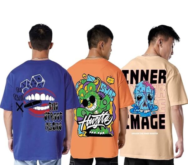 Combo Pack Of 3 -100% Pure Cotton Oversized Baggy Fit Half Sleeve Printed Round Neck Multicolor Drop Shoulder T-Shirt for Men & Boys