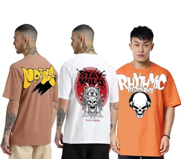 Combo Pack Of 3 -100% Pure Cotton Oversized Baggy Fit Half Sleeve Printed Round Neck Multicolor Drop Shoulder T-Shirt for Men & Boys