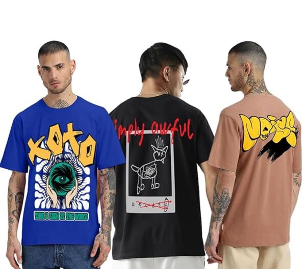Combo Pack Of 3 -100% Pure Cotton Oversized Baggy Fit Half Sleeve Printed Round Neck Multicolor Drop Shoulder T-Shirt for Men & Boys