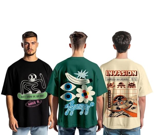 Combo Pack Of 3 -100% Pure Cotton Oversized Baggy Fit Half Sleeve Printed Round Neck Multicolor Drop Shoulder T-Shirt for Men & Boys