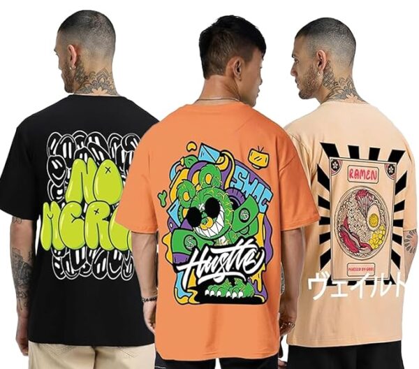 Combo Pack Of 3 -100% Pure Cotton Oversized Baggy Fit Half Sleeve Printed Round Neck Multicolor Drop Shoulder T-Shirt for Men & Boys